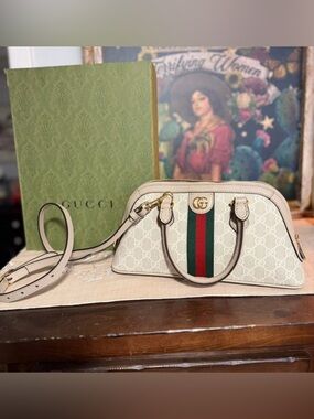 Gucci Beige Ophidia Mini Top Handle Satchel with Green-Red Web
